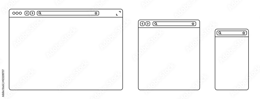 Line browser mockups different devices web window mobile, laptop and tablet screen in internet. Outline browser window. Web browser template. Flat style vector illustration. Line browser mockups different devices web window mobile, laptop and tablet screen in internet. Outline browser window. Web browser template. Flat style vector illustration.