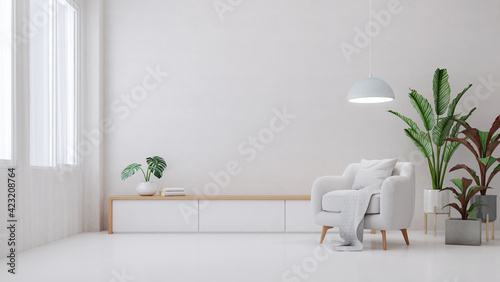 Living room interior with plant and white armchair.3d rendering photo