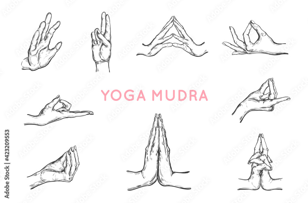 Vector Hand Drawn Set Of Hands In Mudras Yoga Spirituality Set Stock Vector Hand Drawn Set Of Hands In Mudras Yoga Spirituality Set Stock