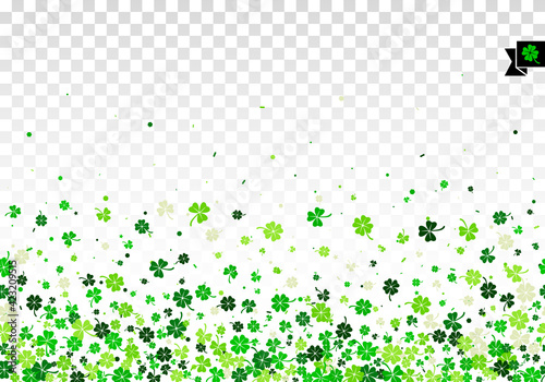 Seamless border background with four leaved green clover and shamrock for Saint Patrick's Day greeting isolated on white transparent background. Vector illustration