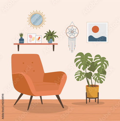 Comfortable chair, sleeping cat and house plants. Vector flat illustration