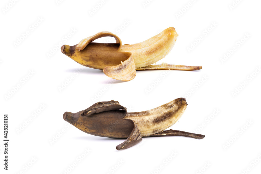 Obraz premium Two overripe bananas that are overripe, almost rot and dry. Isolated on white background