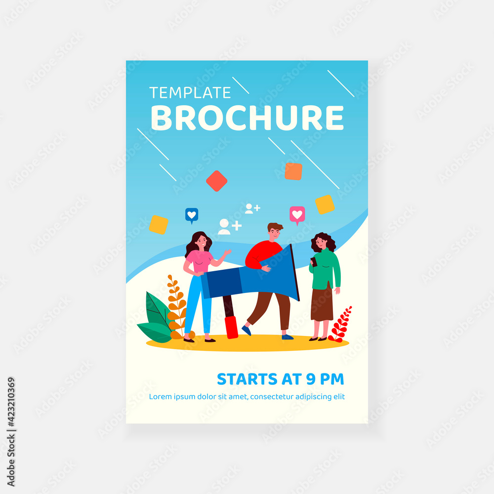 Social media users sharing information about referrals. People with megaphone using gadgets and giving likes. Vector illustration for announcement, influencer marketing, refer a friend concept.