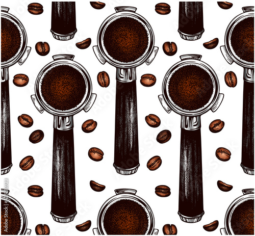 Sketch drawing pattern of portafilter with ground coffee and brown roasted coffee beans isolated on white background. Outline wallpaper for cafe, bar, menu, packaging. Aroma drink. Vector illustration