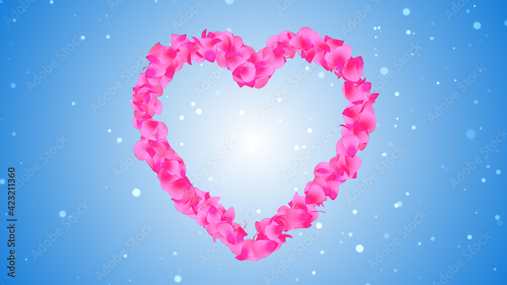 Romantic Spring Red Flower Petals Forming A Heart Shape In The Light Blue Windy Atmosphere With Glitter Sparkle Dust Background 3D Illustration