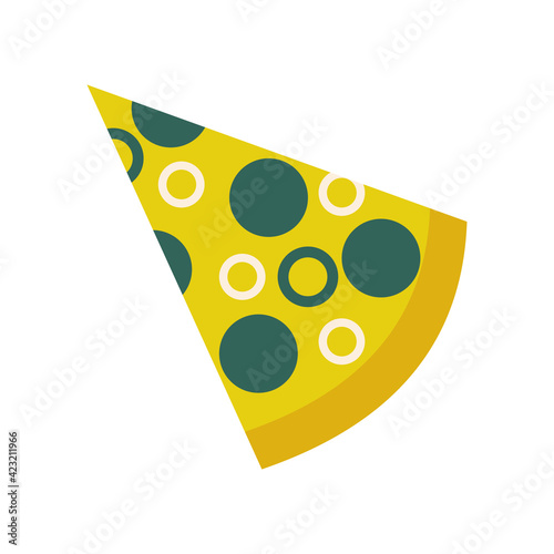 Piece of pizza isolated on white background. Delicious topical fast food. Triangle shape. Vector graphics.