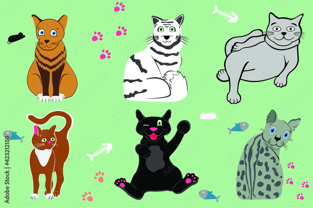 animals set of vector cats with mice fish cute pets on a gray background