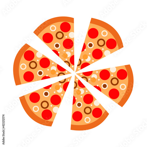 Piece of pizza isolated on white background. Delicious topical fast food. Triangle shape. Vector graphics.