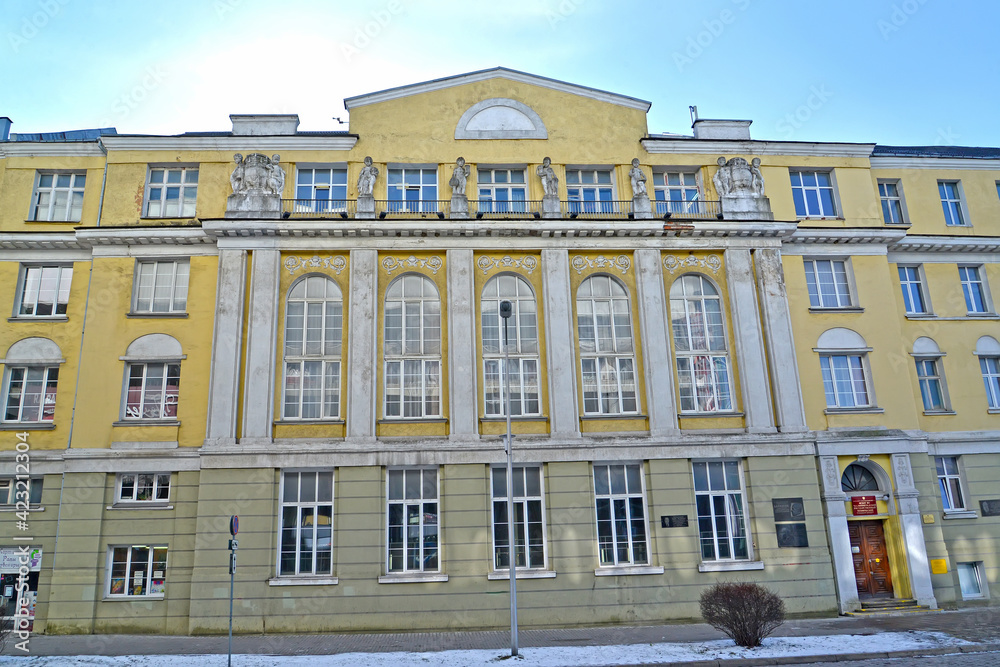 KALININGRAD, RUSSIA - MARCH 09, 2021: Facade of the Kaliningrad State Technical University (former Hindenburg Higher Real School for Boys, 1917)