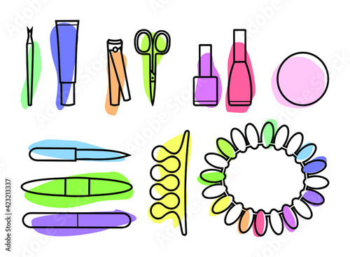 Set of colorful manicure and pedicure tools on a white background
