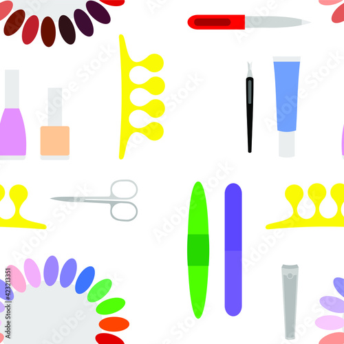 Vector seamless pattern of colorful manicure and pedicure tools on a white background