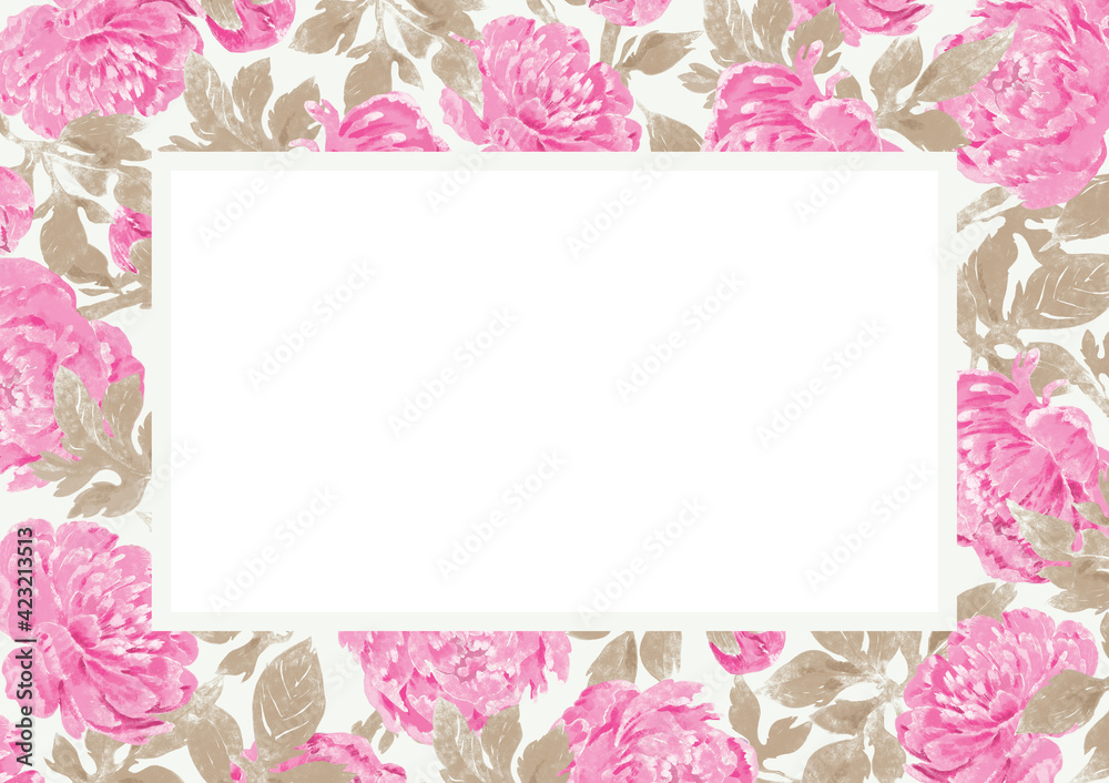 Floral frame with flowers on white background. Beautiful pink peonies with leaves. Pastel technique rectangle frame. Template design for gift card, wedding invitation. Botanical art.