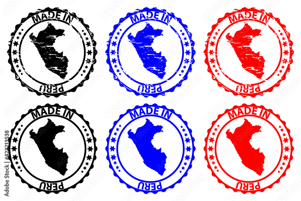 Made in Peru - rubber stamp - vector, Peru map pattern - black, blue and red Made in Peru - rubber stamp - vector, Peru map pattern - black, blue and red
