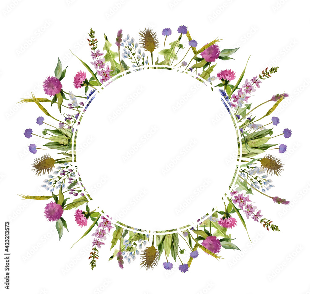 Delicate round frame in country or Provence style made of wild herbs and flowers. Clover flowers and leaves, dandelion leaves, spikelets, lavender flowers and forget-me-nots. Hand-painted watercolour.