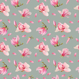 Abstract watercolor seamless pattern of delicate pink magnolia flowers. Hand-painted magnolia flowers and buds isolated on a gray background. Fashion, design