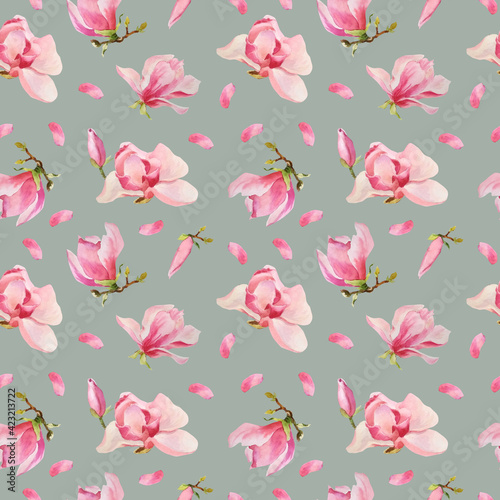 Abstract watercolor seamless pattern of delicate pink magnolia flowers. Hand-painted magnolia flowers and buds isolated on a gray background. Fashion, design