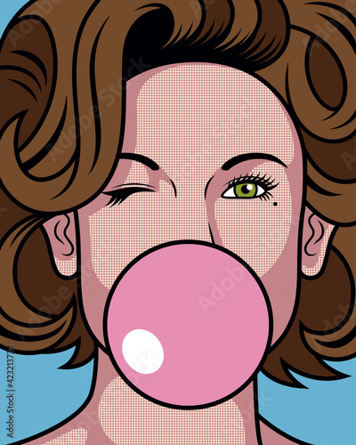 Cute Girl Cartoon with Bubble Gum. Girl Facial Expression Vector Icon Illustration, Isolated on Premium Vector.