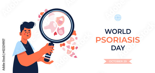 World Psoriasis Day or Awareness Month. 29 october. Plaques of psoriasis seen through a magnifying glass. Man with eczema dermatitis skin disease holding big magnifier. Isolated. photo