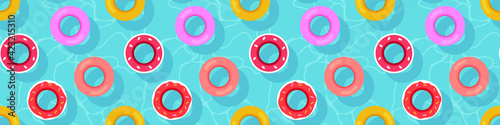 Swim life ring, floating buoy in wavy water swimming pool pattern, kid pool toys watermelon, donut, background, print design