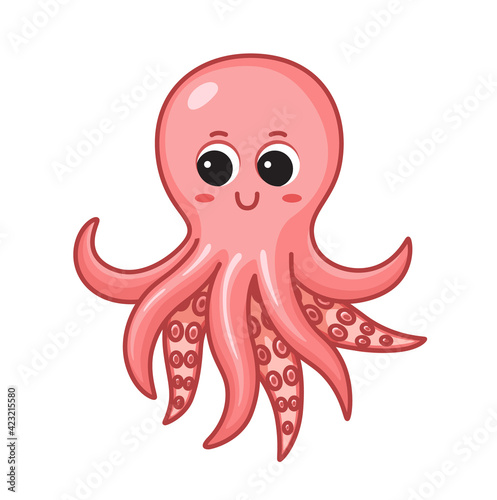 Cute cartoon octopus isolated on white background. Children vector illustration.