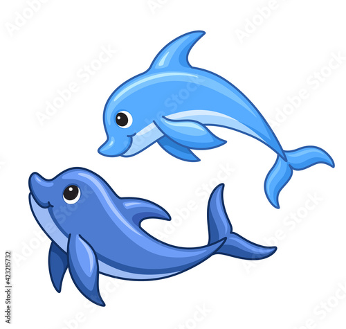 Cute cartoon dolphins swimmng. Children vector illustration. Dolphins isolated on white background