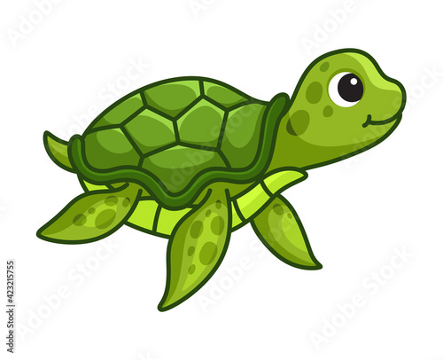 Cute cartoon sea turtle isolated on white background. Swimming tortoise. Children vector illustration
