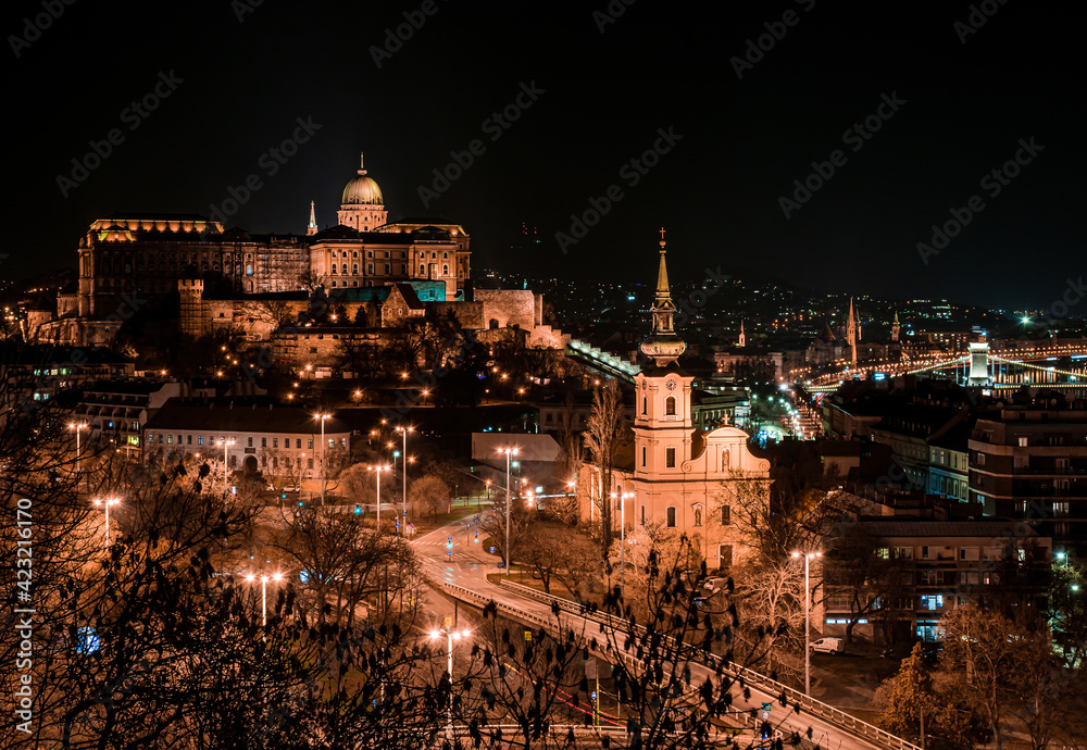 Budapest at night, Buda castle on the background of city lights of the city.