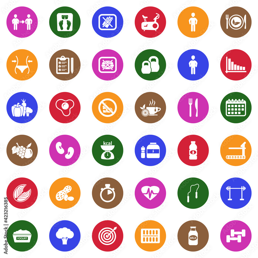 Diet Icons. White Flat Design In Circle. Vector Illustration.