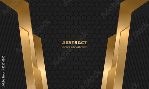 Dark luxury abstract background with hexagon carbon fiber grid and gold metallic shapes. Luxury futuristic modern game sporty background. Vector illustration.