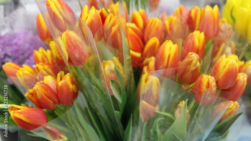 Billede på lærred bouquets of red bright tulips packed in transparent cellophane in the flower sec