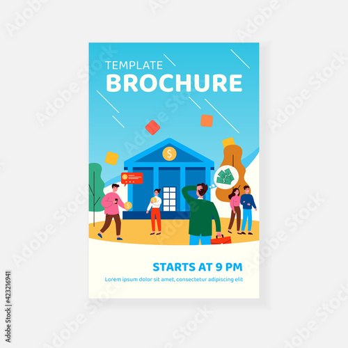 People standing in front of bank building and thinking. Money, cash, coin flat vector illustration. Finance and banking concept for banner, website design or landing web page