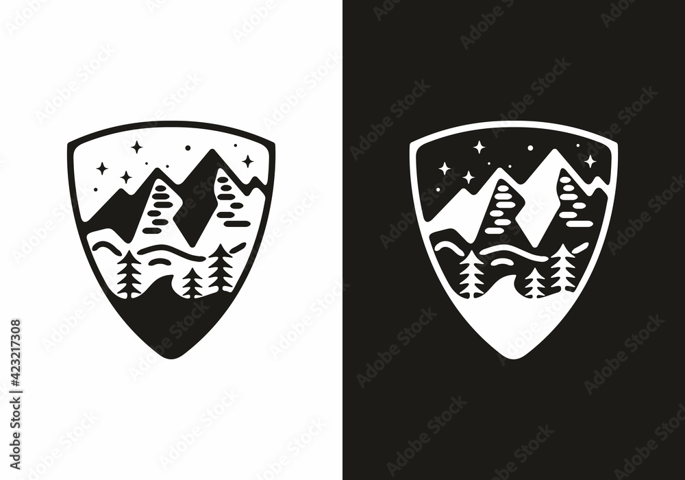 Black and white mountain illustration in shield shape Black and white mountain illustration in shield shape