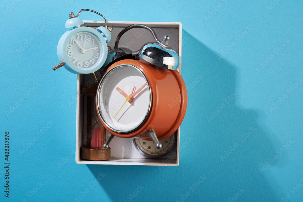 top view of box full of alarm clock top view of box full of alarm clock