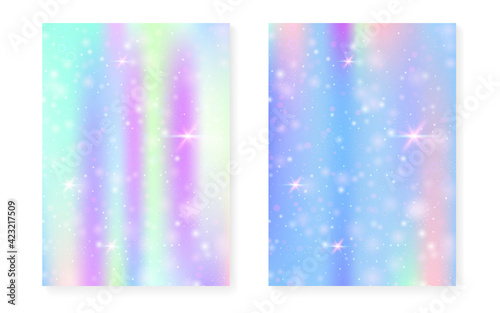 Princess background with kawaii rainbow gradient. Magic unicorn hologram.