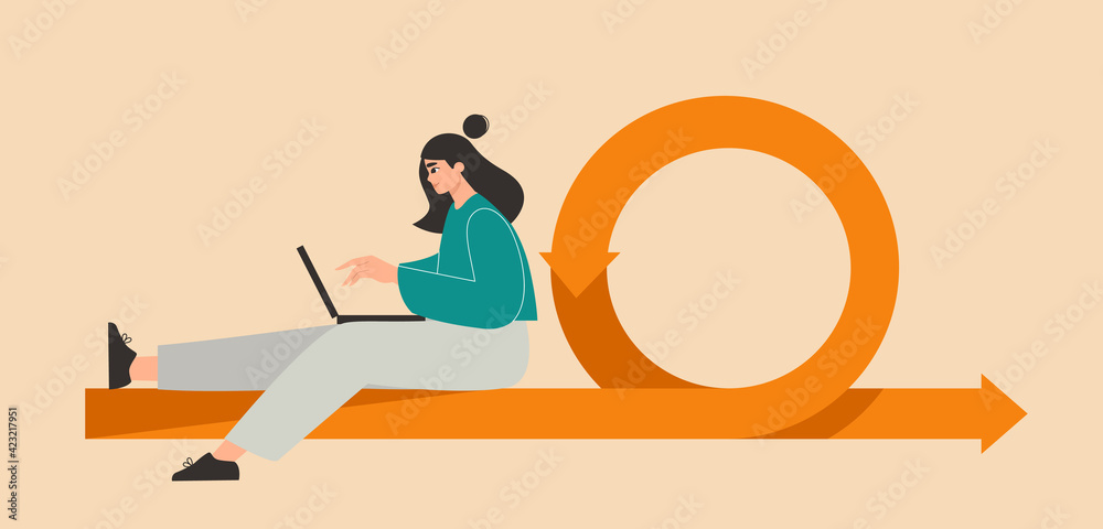 Agile software development methodology. Scrum process concept. Woman developer working on a laptop. Project management. Flexible product development cycle. Isolated flat vector illustration Agile software development methodology. Scrum process concept. Woman developer working on a laptop. Project management. Flexible product development cycle. Isolated flat vector illustration