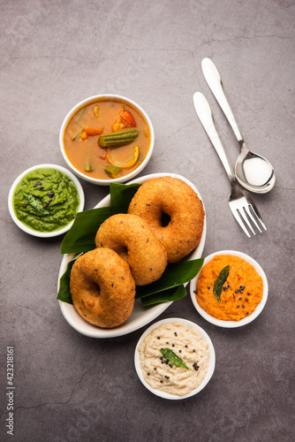 Medu Vada or sambar vada, a popular South Indian food served with different chutney