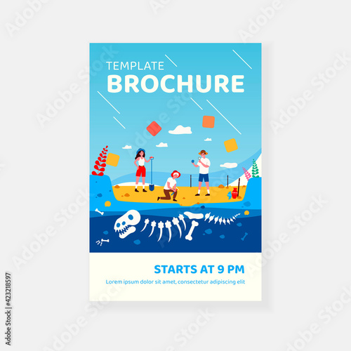 Happy archeologists digging dinosaur bones in soil layers isolated flat vector illustration. Cartoon man and women looking for fossil in ground. Archaeology, paleontology and history concept