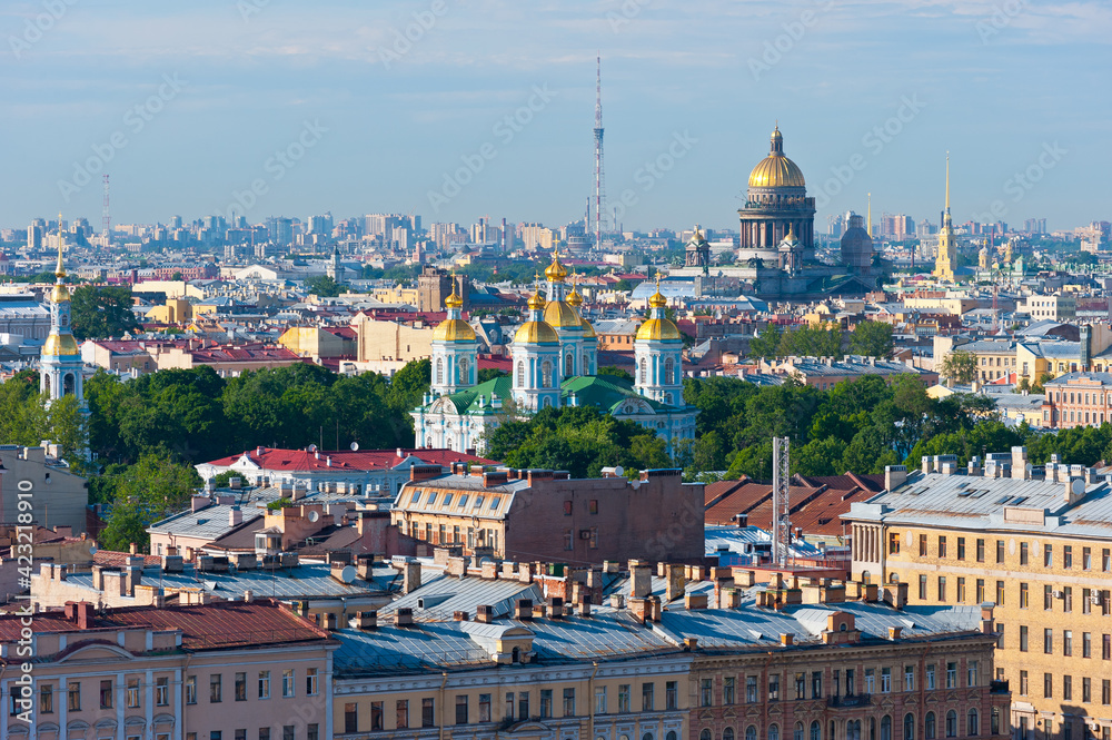 View of the rooftops and Cathedrals of St. Petersburg from the Azimut hotel.