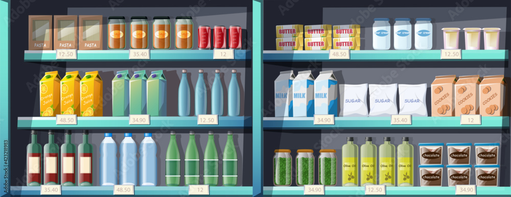 Vector seamless cartoon style supermarket shelves with products, food, drinks.