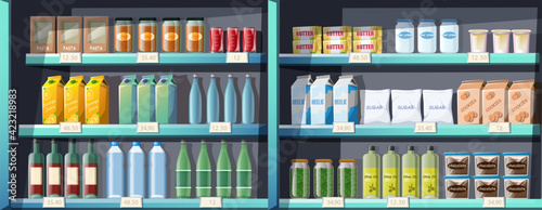 Vector seamless cartoon style supermarket shelves with products, food, drinks.