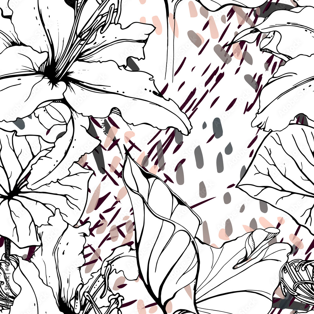 Fototapeta premium Floral Black White Pattern. Modern Watercolor