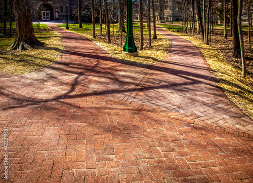 The fork in the road - Which will you take - An orange brick road through the woods branches two directions leading to large imposing looking buildings. photo