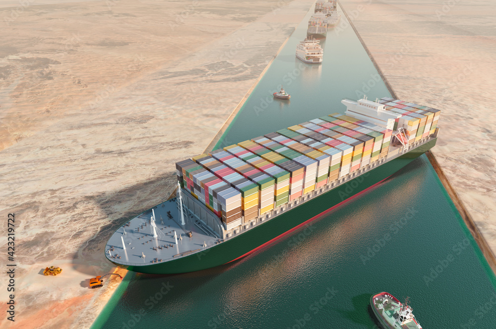 Fototapeta premium Maritime traffic jam. Container cargo ship run aground and stuck in Suez Canal, blocking world's busiest waterway. Ever given grounding 3D illustration. Cargo vessels traffic jam grows in Suez canal