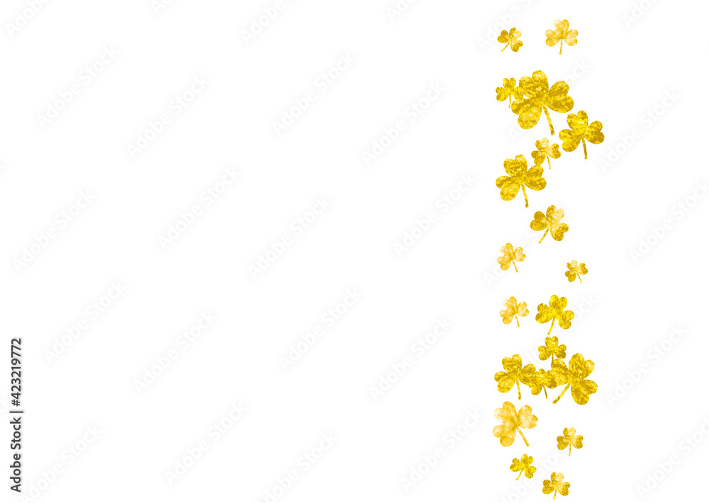 Shamrock background for Saint Patricks Day.  Lucky trefoil confetti. Glitter frame of clover leaves. Template for voucher, special business ad, banner. Celtic shamrock background.
