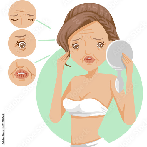 Wrinkles women. Woman looking at herself in the mirror  woman touches face skin feeling worried.