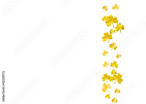 Shamrock background for Saint Patricks Day.  Lucky trefoil confetti. Glitter frame of clover leaves. Template for voucher  special business ad  banner. Celtic shamrock background.