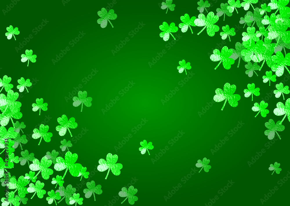 Saint patricks day background with shamrock. Lucky trefoil confetti. Glitter frame of clover leaves. Template for flyer, special business offer, promo. Irish saint patricks day backdrop.
