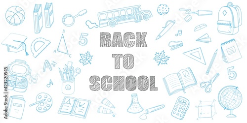 Back to school banner background outline elements of school supplies and objects. Easy to change color. Hand drawn vector illustration EPS10