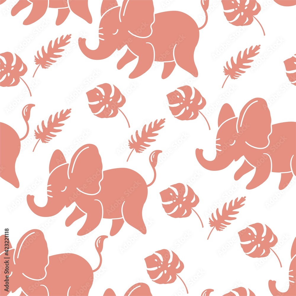 Seamless pattern with funny pink elephants and tropical leaves. Vector pattern for fabrics, clothes, for wrappers and packages, wallpaper, pastelgo linen and textiles, baby products