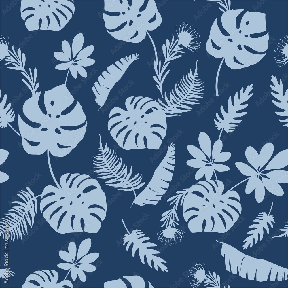 Fototapeta premium Blue tropical leaves, plants, flowers on dark blue background Vector seamless pattern. Beautiful print with exotic plants. Botanical design of fabrics, wallpapers, natural cosmetics, perfumes